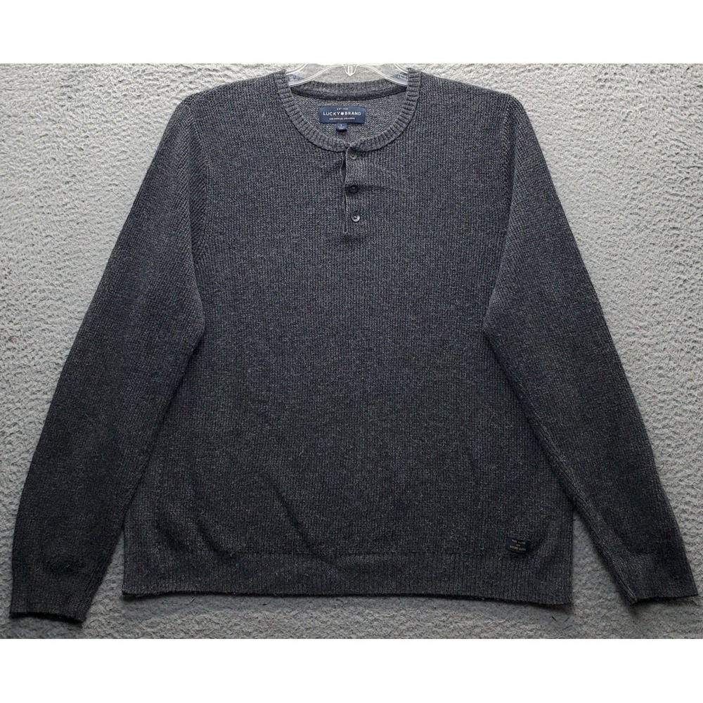 Lucky Brand Colorado Cross Stitch Henley Sweater Mens L Heather Gray Crew Neck